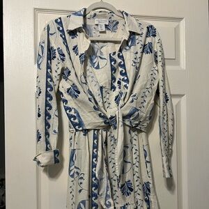 Calypso blue and off white linen strapless dress with matching top